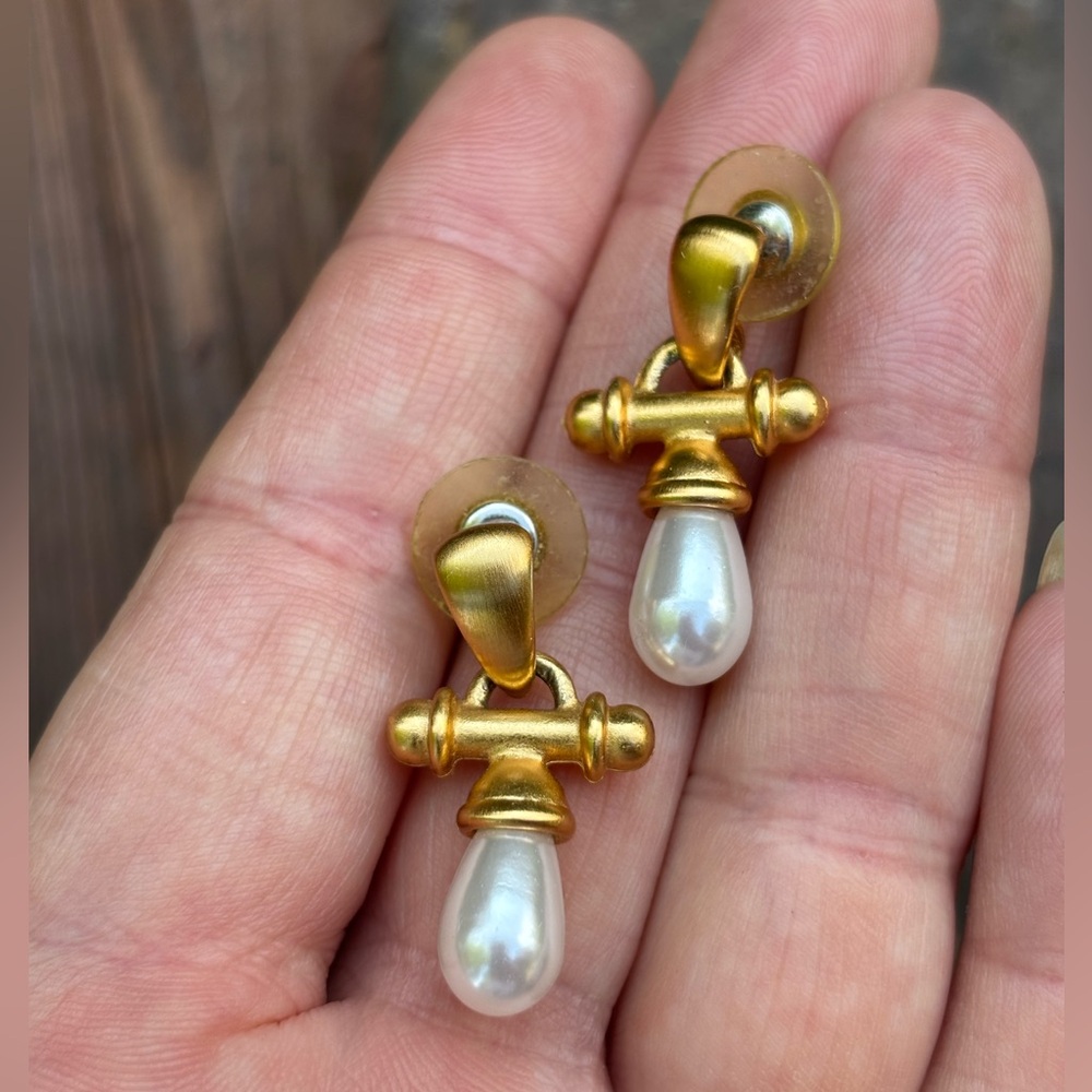 Anne Klein Gold and White Classic Earrings, pearl drop earrings, clip on earring